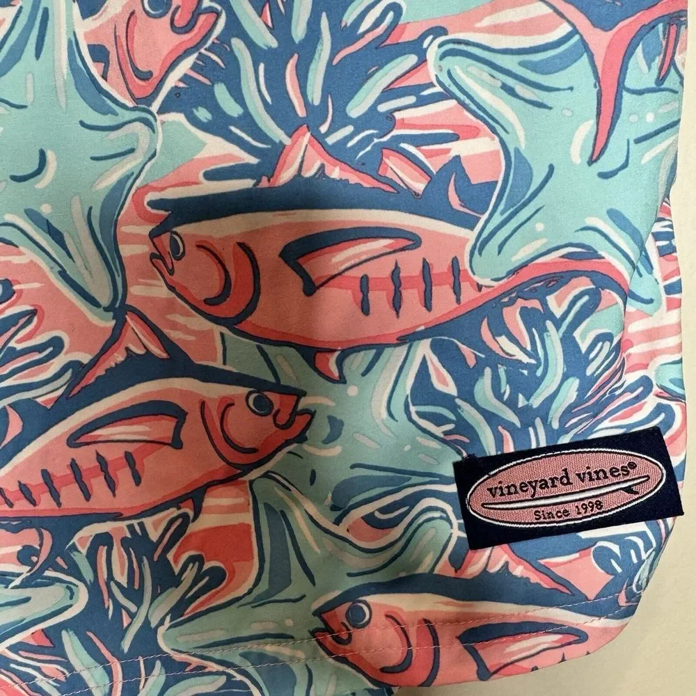 Vineyard Vines Swim Trunks Mens XL Blue Pink Fish Starfish All Over‎ Print